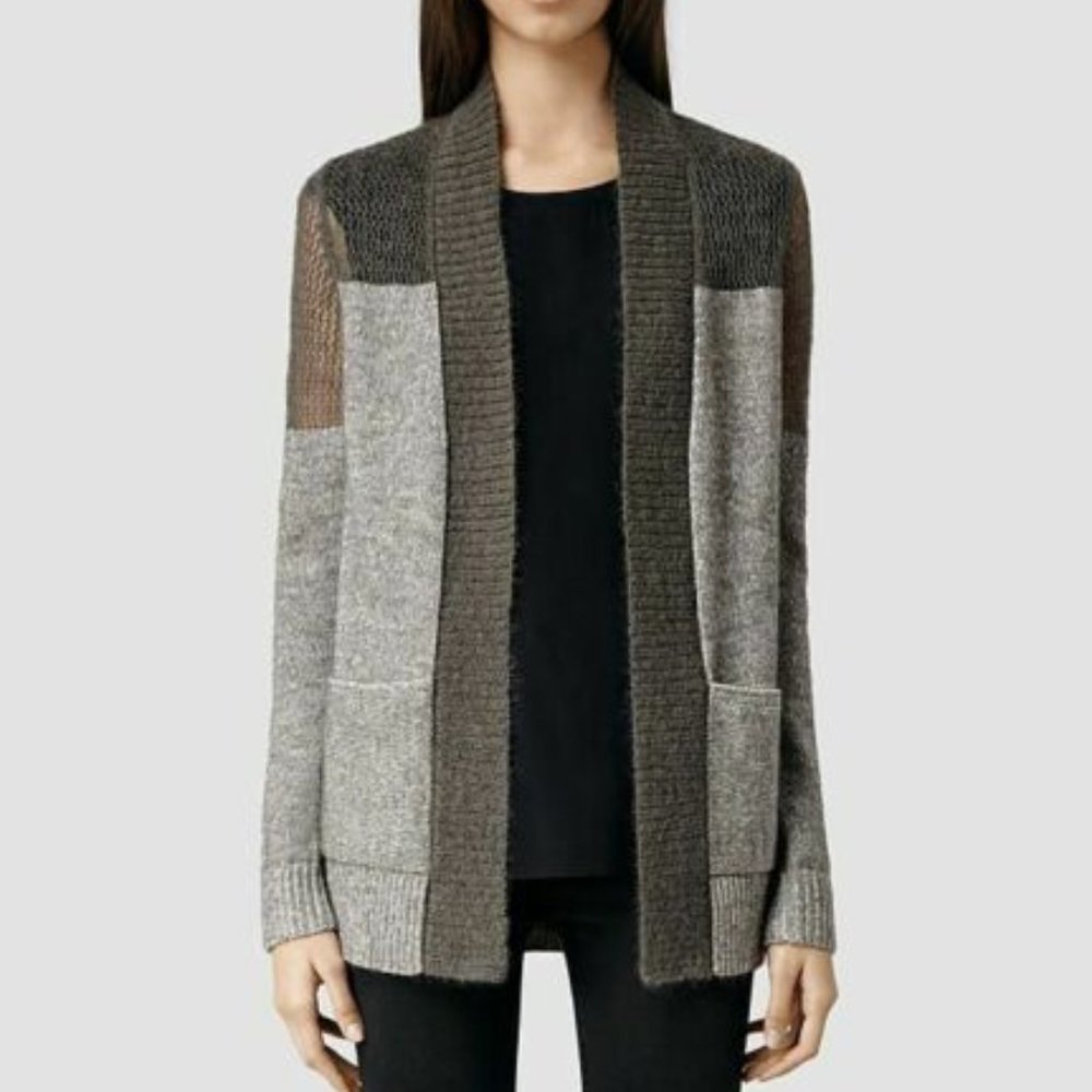 All Saints Air Cardigan Mohair Open Knit Grey Sweater Size US 0